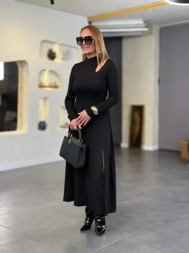 Women's Crew Neck Drop Detailed Slit Long Viscose Two Thread Maxi Dress - 3