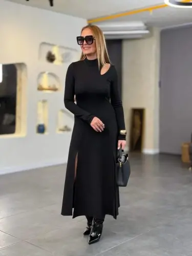 Women's Crew Neck Drop Detailed Slit Long Viscose Two Thread Maxi Dress - 4