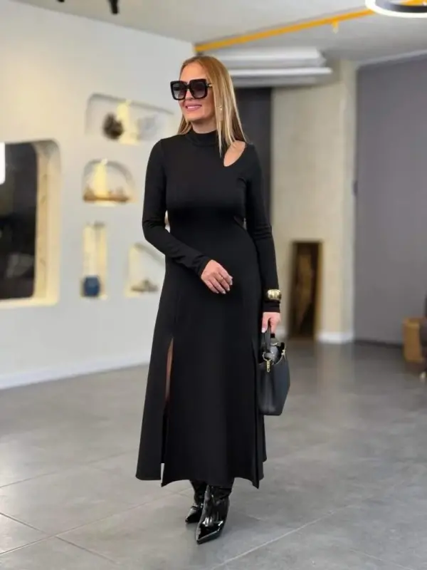 Women's Crew Neck Drop Detailed Slit Long Viscose Two Thread Maxi Dress - 4