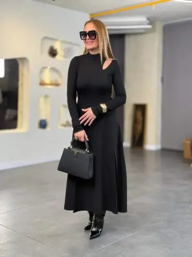Women's Crew Neck Drop Detailed Slit Long Viscose Two Thread Maxi Dress - 5