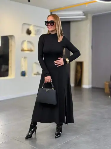 Women's Crew Neck Drop Detailed Slit Long Viscose Two Thread Maxi Dress - 6