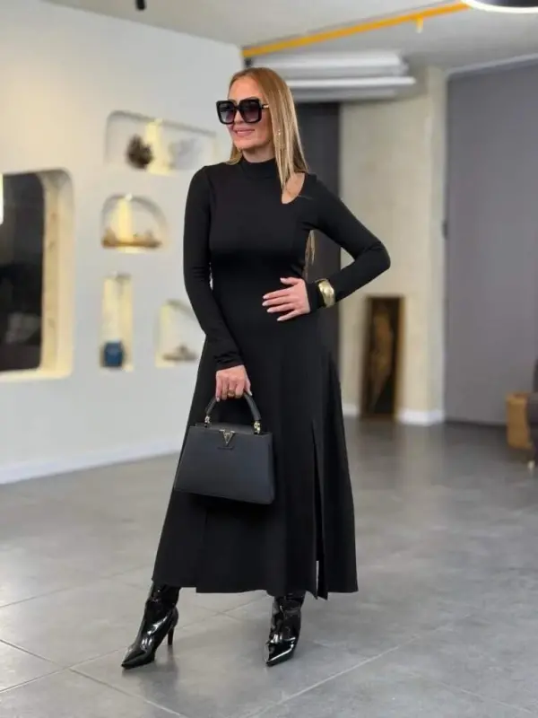 Women's Crew Neck Drop Detailed Slit Long Viscose Two Thread Maxi Dress - 6