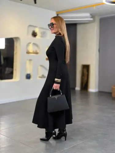 Women's Crew Neck Drop Detailed Slit Long Viscose Two Thread Maxi Dress - 7