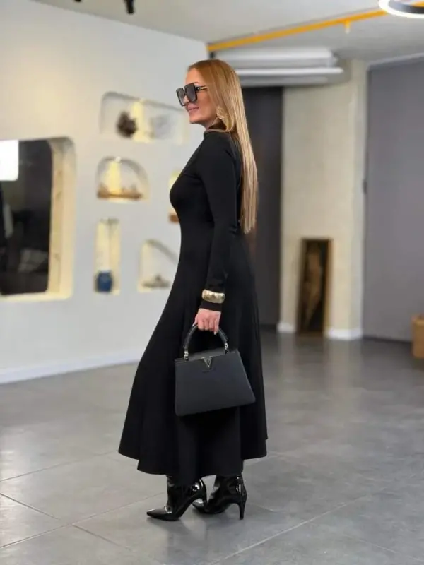 Women's Crew Neck Drop Detailed Slit Long Viscose Two Thread Maxi Dress - 7