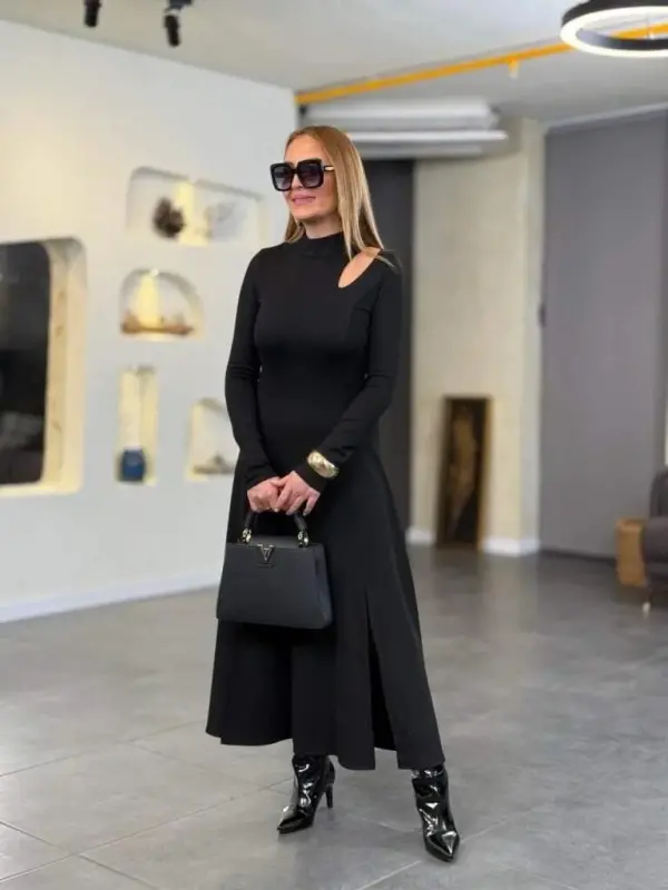 Women's Crew Neck Drop Detailed Slit Long Viscose Two Thread Maxi Dress - 8