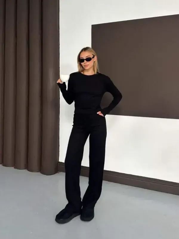 Women's Crew Neck Finger Hole Detail Long Sleeve Blouse And Pants Set - BÜYÜKBEDENIZ