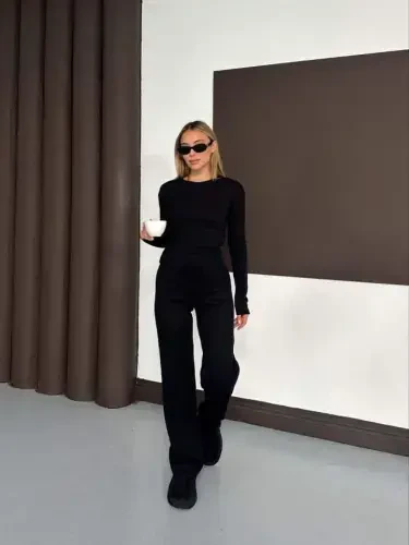 Women's Crew Neck Finger Hole Detail Long Sleeve Blouse And Pants Set - BÜYÜKBEDENIZ (1)