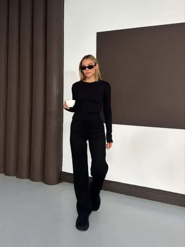 Women's Crew Neck Finger Hole Detail Long Sleeve Blouse And Pants Set - 2