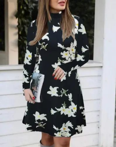 Women's Crew Neck Long Sleeve Floral Patterned Crepe Dress - 8