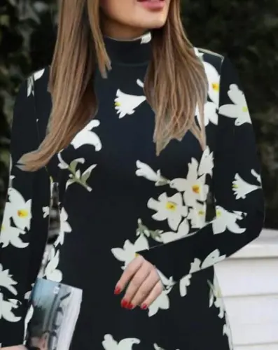 Women's Crew Neck Long Sleeve Floral Patterned Crepe Dress - BÜYÜKBEDENIZ (1)