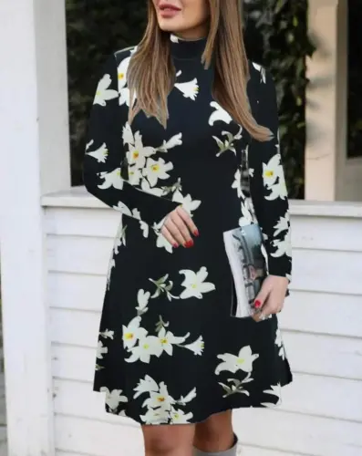 Women's Crew Neck Long Sleeve Floral Patterned Crepe Dress - 3