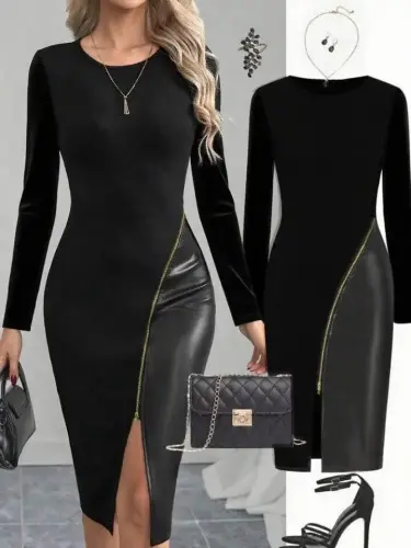 Women's Crew Neck Long Sleeve Leather And Zipper Detail Mini Slit Dress - 1