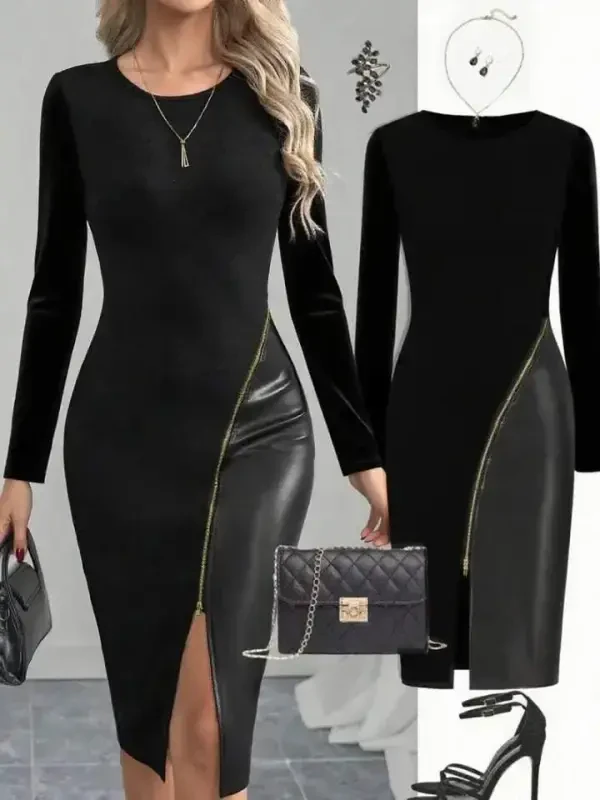 Women's Crew Neck Long Sleeve Leather And Zipper Detail Mini Slit Dress - 1