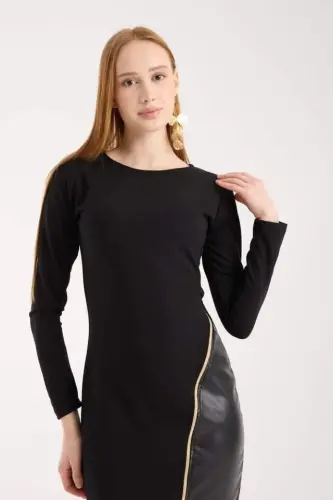 Women's Crew Neck Long Sleeve Leather And Zipper Detail Mini Slit Dress - 2