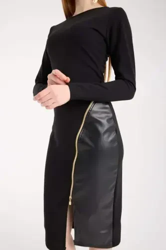 Women's Crew Neck Long Sleeve Leather And Zipper Detail Mini Slit Dress - 3