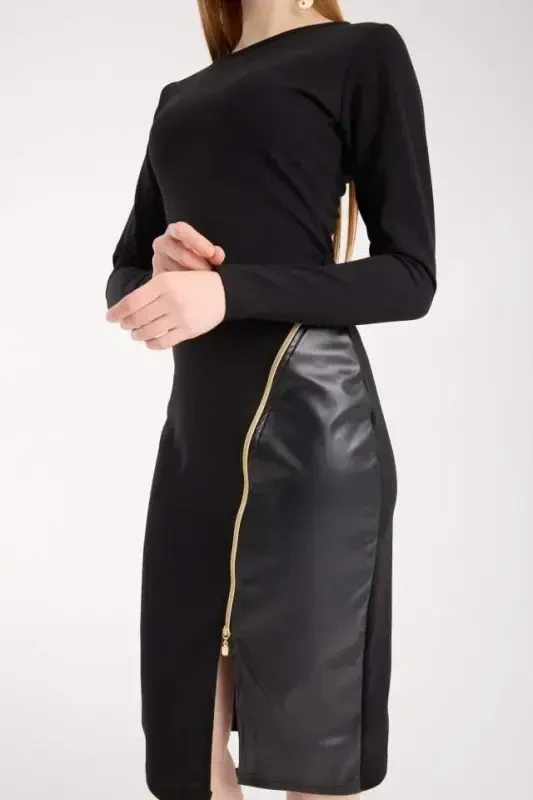 Women's Crew Neck Long Sleeve Leather And Zipper Detail Mini Slit Dress - 3