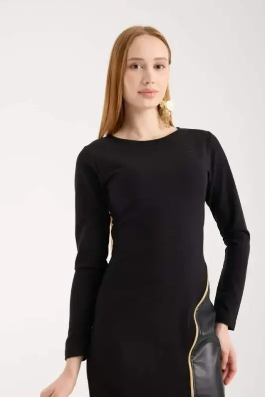 Women's Crew Neck Long Sleeve Leather And Zipper Detail Mini Slit Dress - 4
