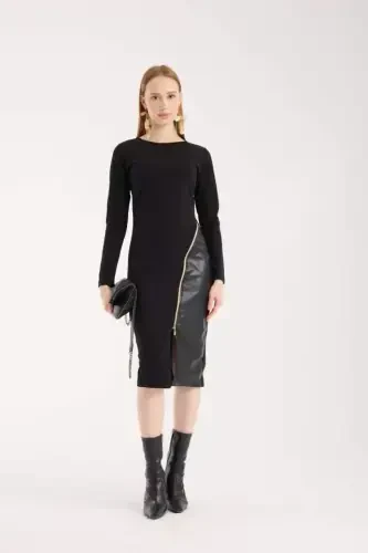 Women's Crew Neck Long Sleeve Leather And Zipper Detail Mini Slit Dress - 5