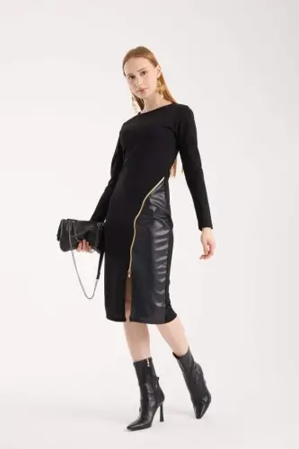 Women's Crew Neck Long Sleeve Leather And Zipper Detail Mini Slit Dress - 6