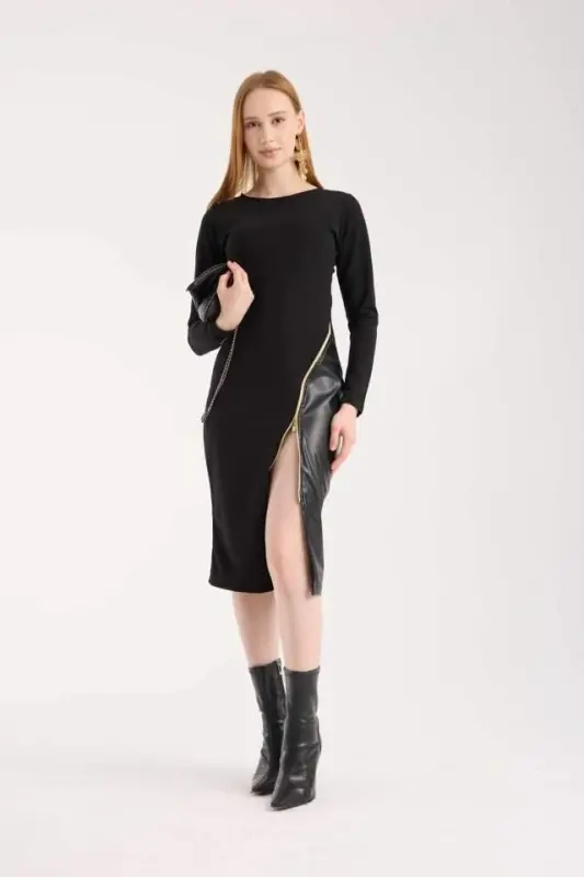 Women's Crew Neck Long Sleeve Leather And Zipper Detail Mini Slit Dress - 7