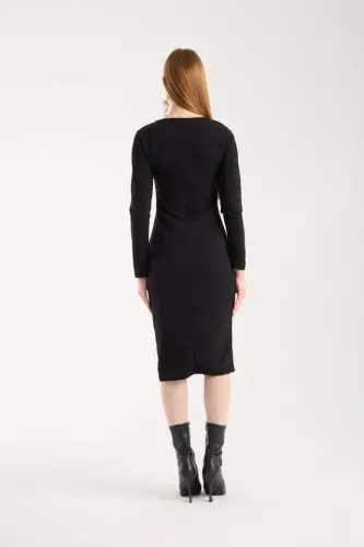 Women's Crew Neck Long Sleeve Leather And Zipper Detail Mini Slit Dress - 9