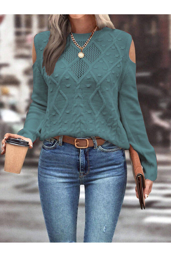 Women's Crew Neck Mesh Detail Braided Knitted Mint Sweater with Shoulder Detail - 1