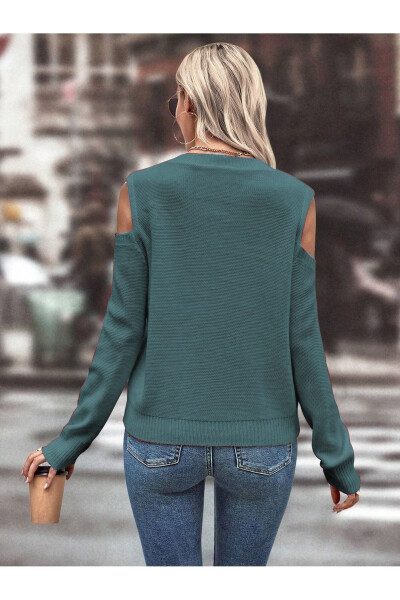 Women's Crew Neck Mesh Detail Braided Knitted Mint Sweater with Shoulder Detail - 3