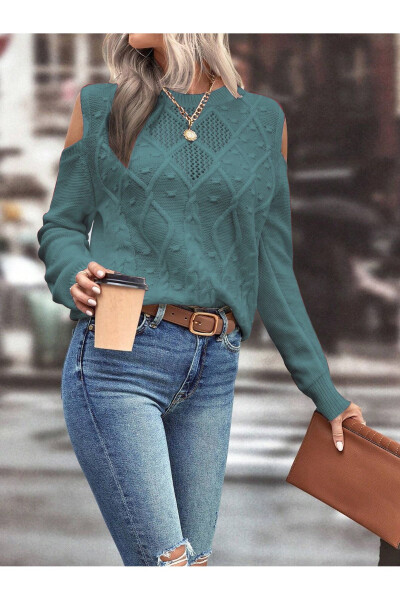 Women's Crew Neck Mesh Detail Braided Knitted Mint Sweater with Shoulder Detail - AQE FASHION (1)
