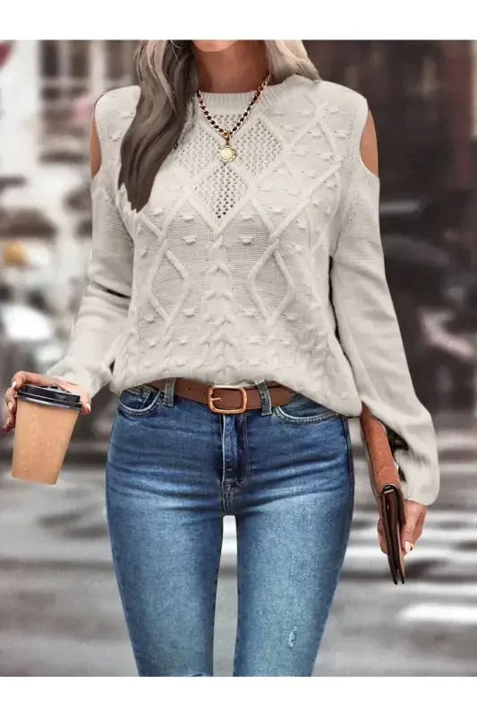 Women's Crew Neck Mesh Detailed Cable Knit Embossed Pattern Shoulder Detailed Stone Knit Sweater-STONE - 1