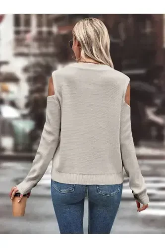 Women's Crew Neck Mesh Detailed Cable Knit Embossed Pattern Shoulder Detailed Stone Knit Sweater-STONE - AQE FASHION (1)