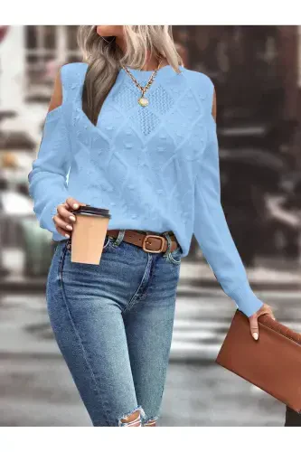 Women's Crew Neck Mesh Detailed Cable Knit Execution Patterned Shoulder Detailed Baby Blue Tricot Sweater-BABY BLUE - 1