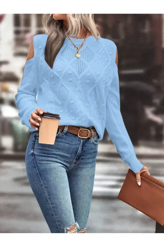 Women's Crew Neck Mesh Detailed Cable Knit Execution Patterned Shoulder Detailed Baby Blue Tricot Sweater-BABY BLUE - 1