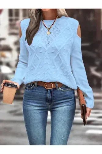 Women's Crew Neck Mesh Detailed Cable Knit Execution Patterned Shoulder Detailed Baby Blue Tricot Sweater-BABY BLUE - AQE FASHION (1)