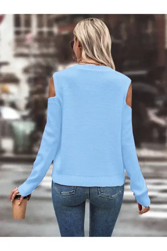 Women's Crew Neck Mesh Detailed Cable Knit Execution Patterned Shoulder Detailed Baby Blue Tricot Sweater-BABY BLUE - 3