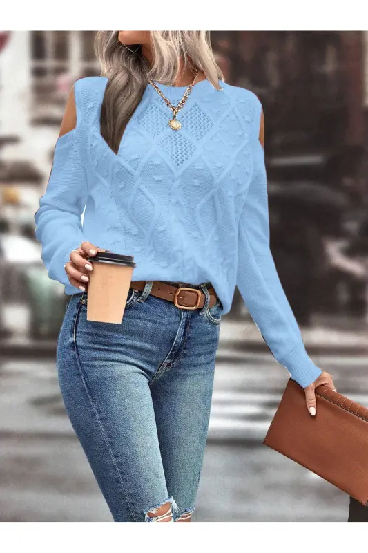 Women's Crew Neck Mesh Detailed Cable Knit Execution Patterned Shoulder Detailed Baby Blue Tricot Sweater-BABY BLUE - AQE FASHION