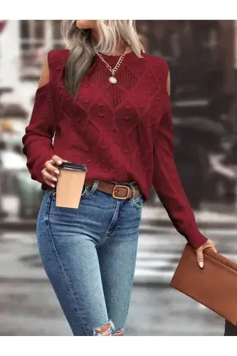Women's Crew Neck Mesh Detailed Cable Knit Execution Patterned Shoulder Detailed Burgundy Knitted Sweater-BURGUNDY - 1