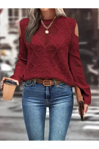 Women's Crew Neck Mesh Detailed Cable Knit Execution Patterned Shoulder Detailed Burgundy Knitted Sweater-BURGUNDY - AQE FASHION (1)