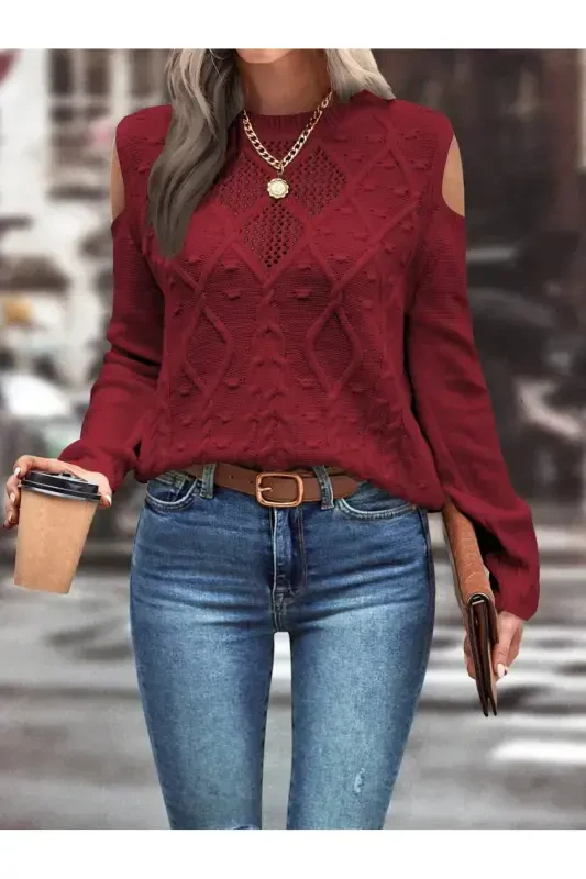 Women's Crew Neck Mesh Detailed Cable Knit Execution Patterned Shoulder Detailed Burgundy Knitted Sweater-BURGUNDY - 2