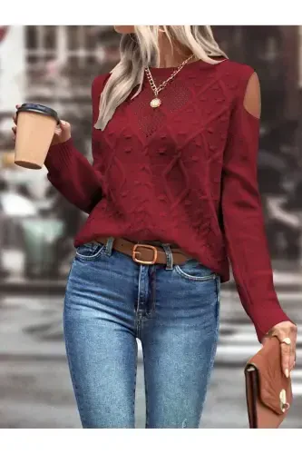 Women's Crew Neck Mesh Detailed Cable Knit Execution Patterned Shoulder Detailed Burgundy Knitted Sweater-BURGUNDY - 3