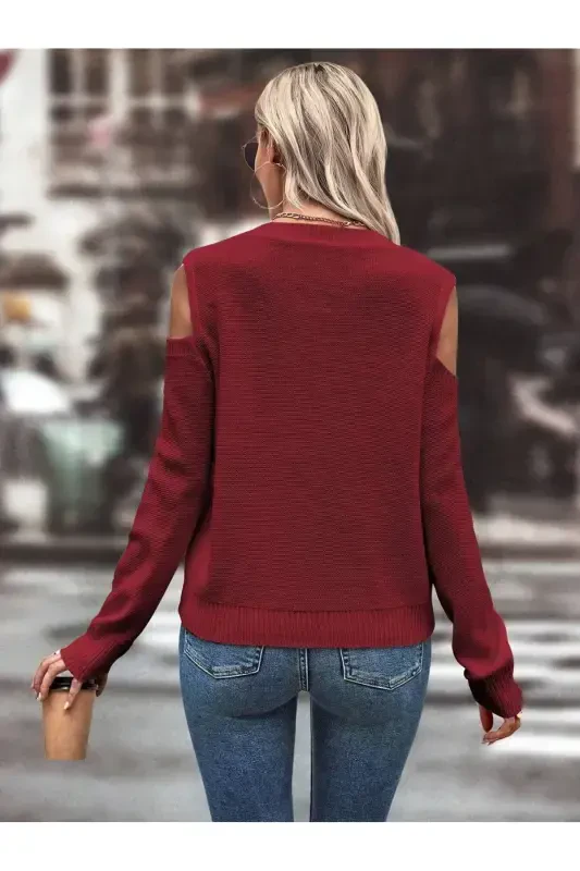 Women's Crew Neck Mesh Detailed Cable Knit Execution Patterned Shoulder Detailed Burgundy Knitted Sweater-BURGUNDY - 4