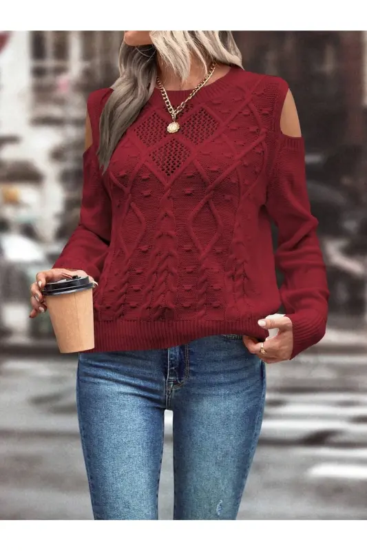 Women's Crew Neck Mesh Detailed Cable Knit Execution Patterned Shoulder Detailed Burgundy Knitted Sweater-BURGUNDY - 5