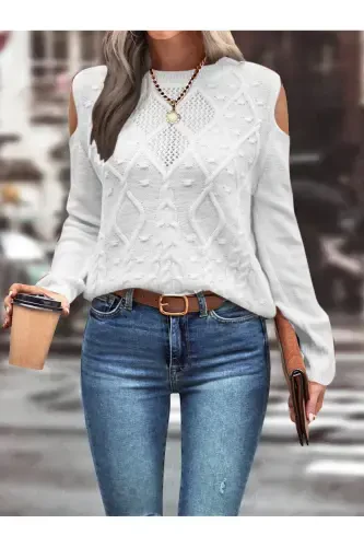 Women's Crew Neck Mesh Detailed Cable Knit Execution Patterned Shoulder Detailed White Knit Sweater-WHITE - 1