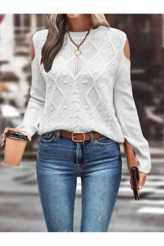 Women's Crew Neck Mesh Detailed Cable Knit Execution Patterned Shoulder Detailed White Knit Sweater-WHITE - 1