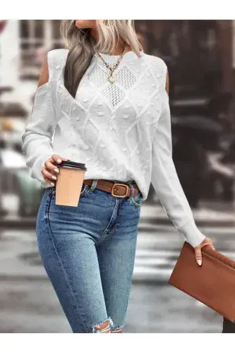 Women's Crew Neck Mesh Detailed Cable Knit Execution Patterned Shoulder Detailed White Knit Sweater-WHITE - 3