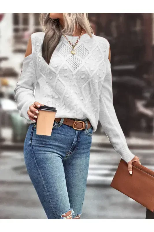 Women's Crew Neck Mesh Detailed Cable Knit Execution Patterned Shoulder Detailed White Knit Sweater-WHITE - 3