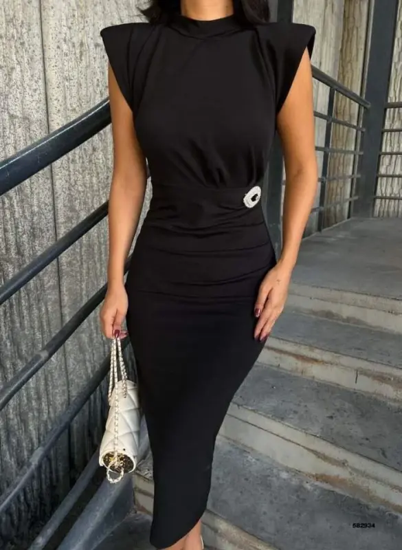 Women's Crew Neck Padded Brooch Detail Short Sleeve Midi Dress - BÜYÜKBEDENIZ