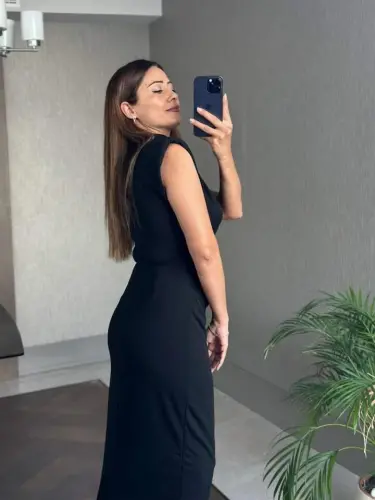 Women's Crew Neck Padded Brooch Detail Short Sleeve Midi Dress - 7