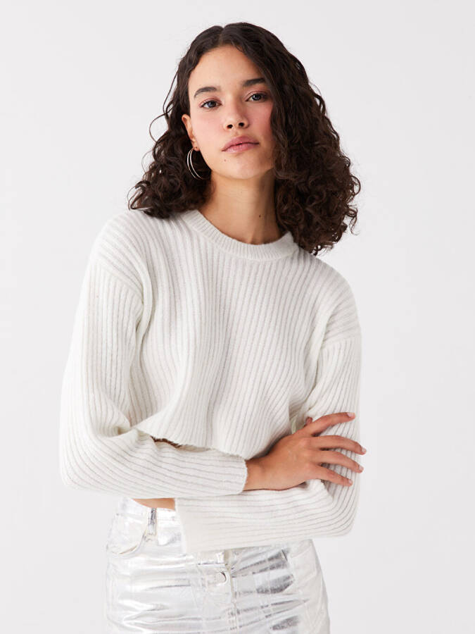 Women's Crew Neck Plain Long Sleeve Crop Knit Sweater - 9