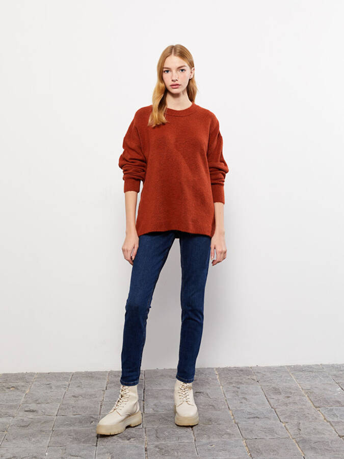 Women's Crew Neck Plain Long Sleeve Knit Sweater - 10