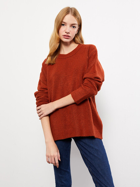 Women's Crew Neck Plain Long Sleeve Knit Sweater - 16